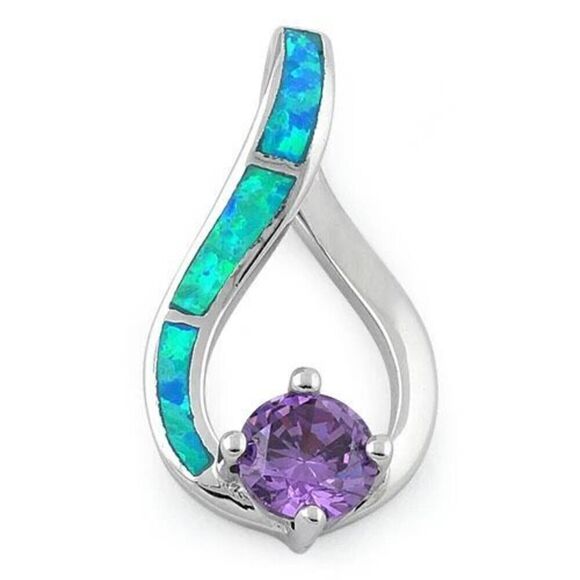 Twist Blue Opal & Round Cut Amethyst Sterling Silver Necklace Pendant New - Picture 2 of 3